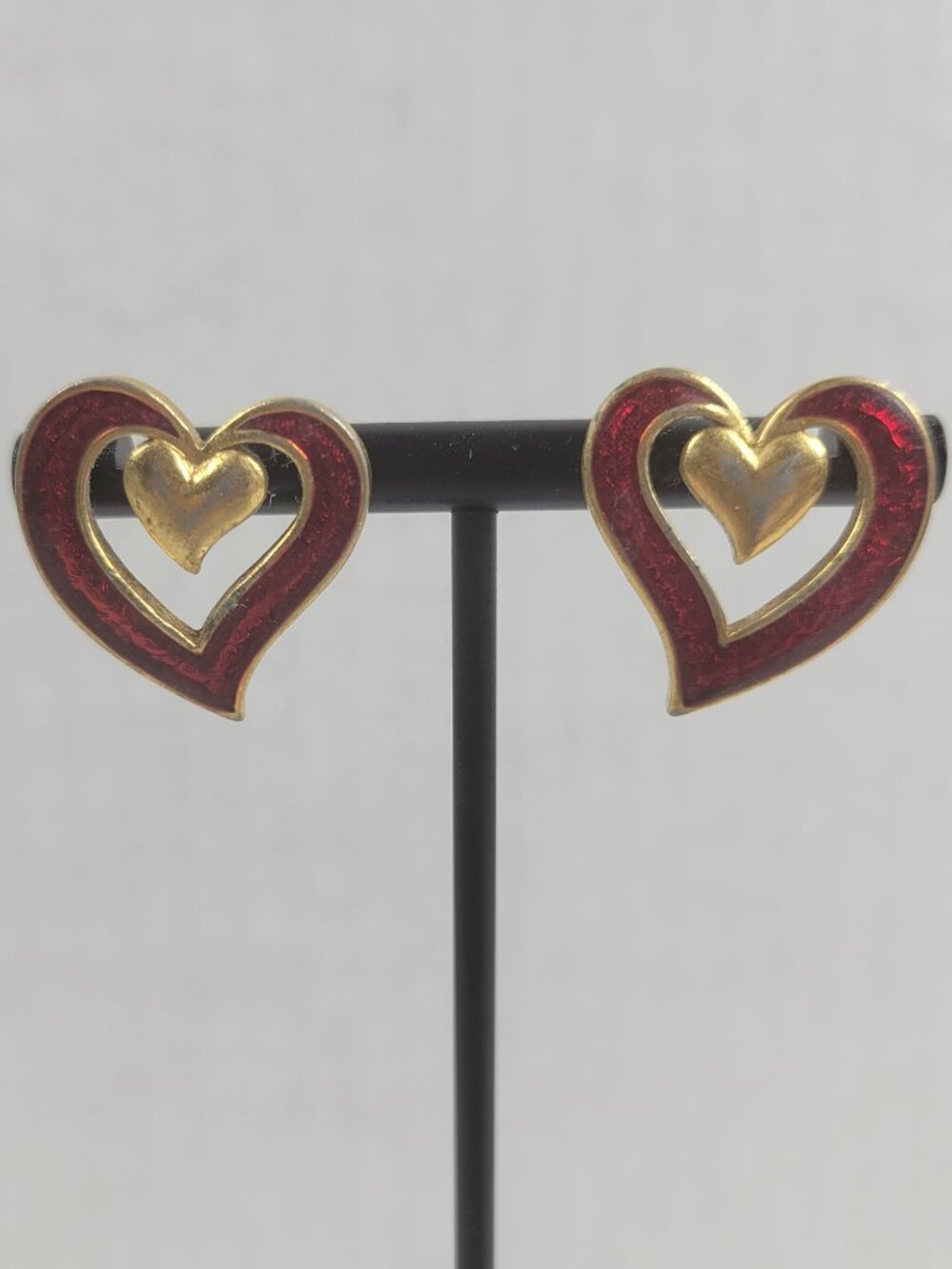 Vintage Gold‎ Tone Red Enamel Double Heart Post Stud Earrings Valentine E132E